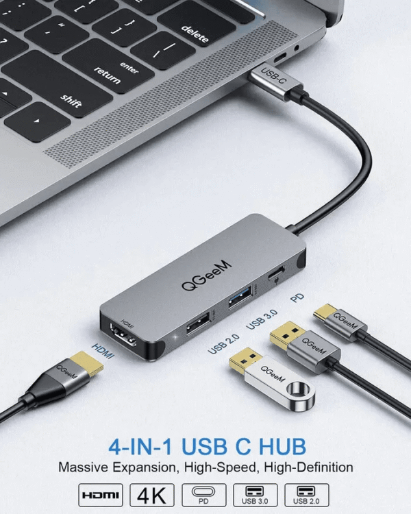 Hub adaptador USB tipo C QGeeM M4V03 con salida HDMI 4K y carga de 100W